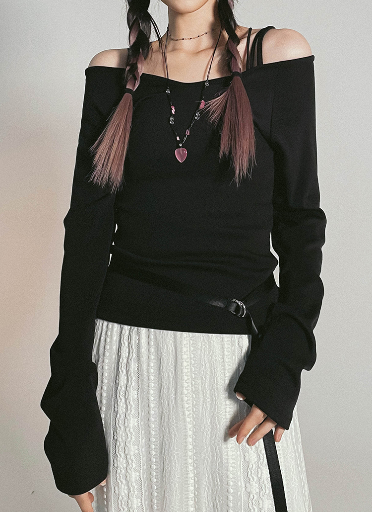 オフショルダーストラップスリム長袖無地tシャツ春秋冬 トップス 長袖tシャツ Binarywon バイナリーワン ファッション総合通販 Dholic