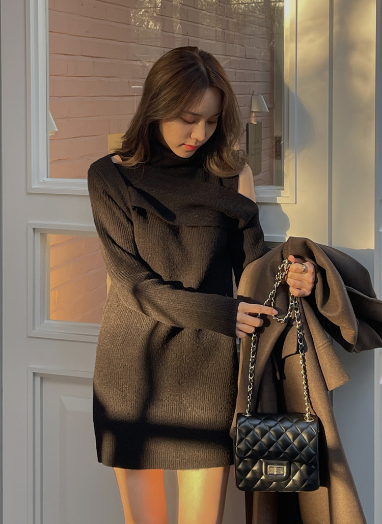 アシメショルダーオープンタートルネックニットワンピース春秋冬 ワンピース ミニワンピース Envylook エンビールック ファッション総合通販 Dholic