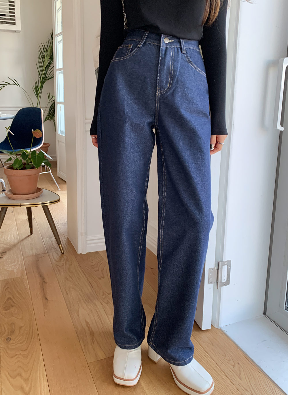 新品 デニムパンツ ハイウエストパンツ ステッチ ブルーデニム プラスサイズ ステッチブルーデニムパンツ・全1色 | レディースファッション