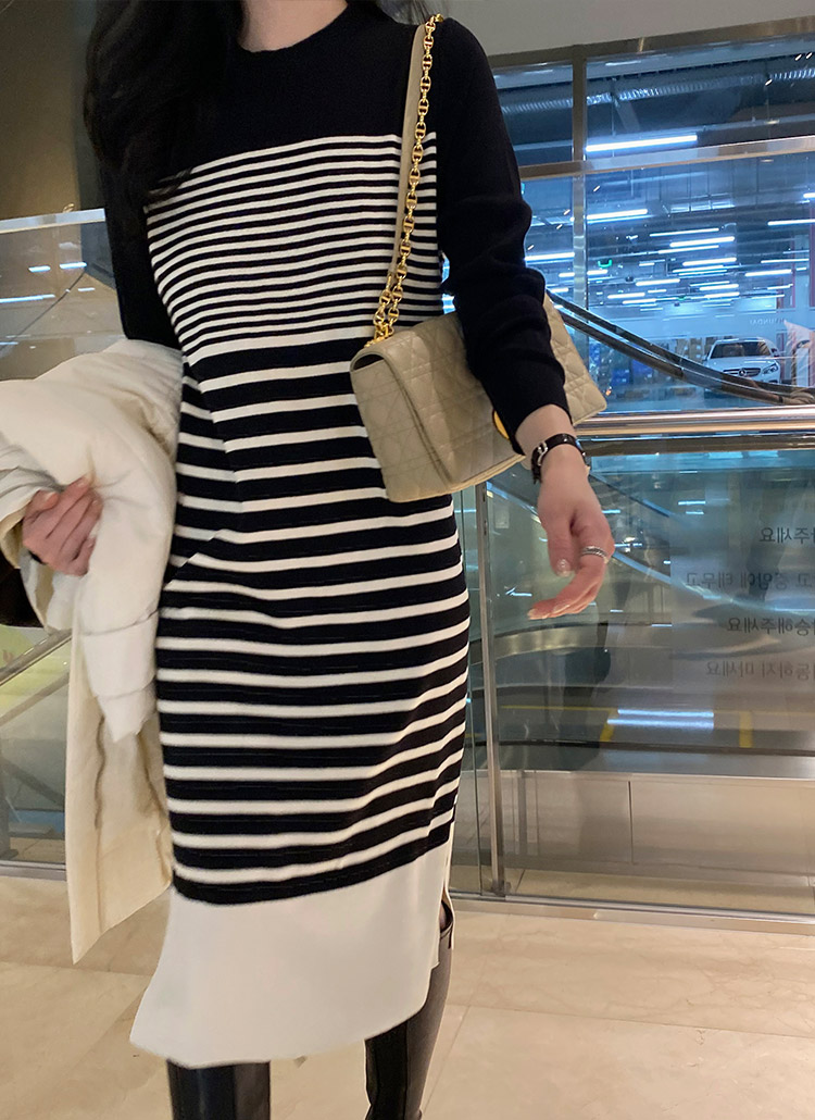 ラウンドネックルーズ配色スリットヘムボーダーニットワンピース春秋冬 ワンピース ロングワンピース Monicaroom モニカルーム ファッション総合通販 Dholic