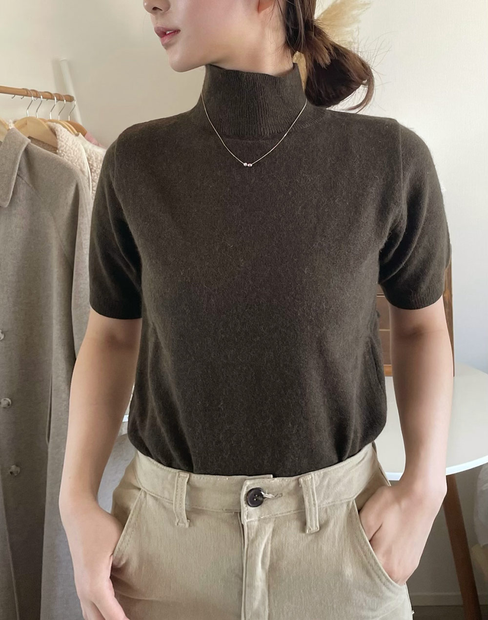 4色 ファッション PLATS PLATS 紫 タートルネック 半袖ニット