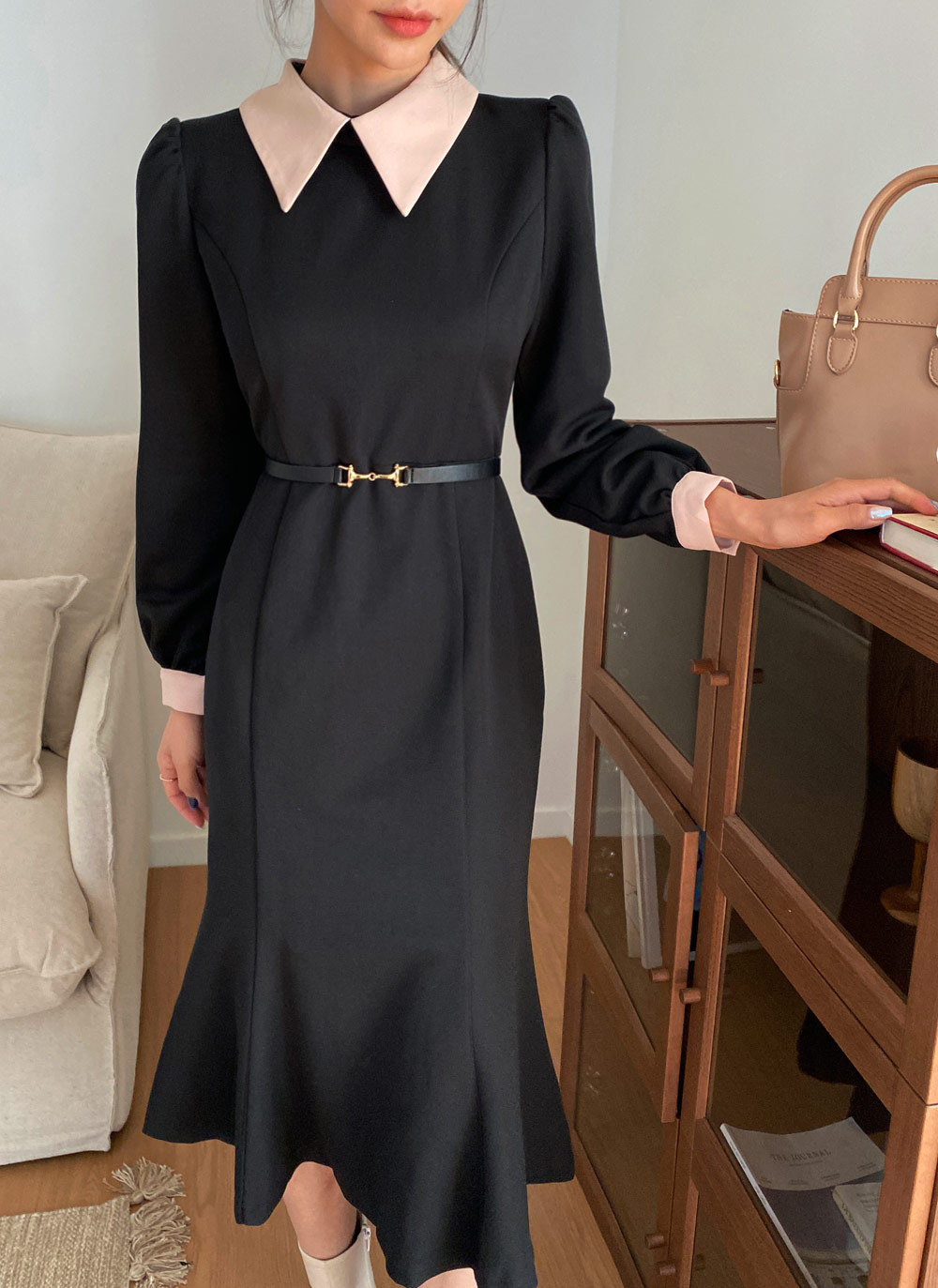 ベルト付配色カラーマーメイドワンピース 全2色 レディースファッション通販 Dholic