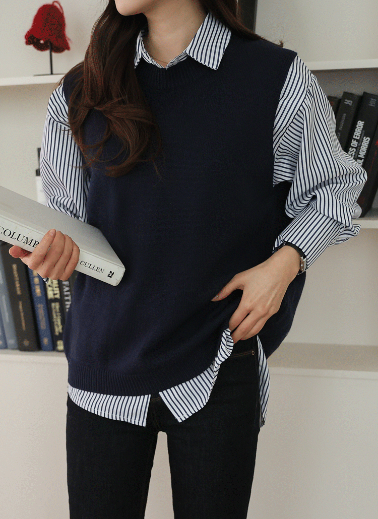 3XL＊2点セット】ニットベスト付き ストライプシャツ レイヤード 春コーデの通販 by chie's shop｜ラクマ