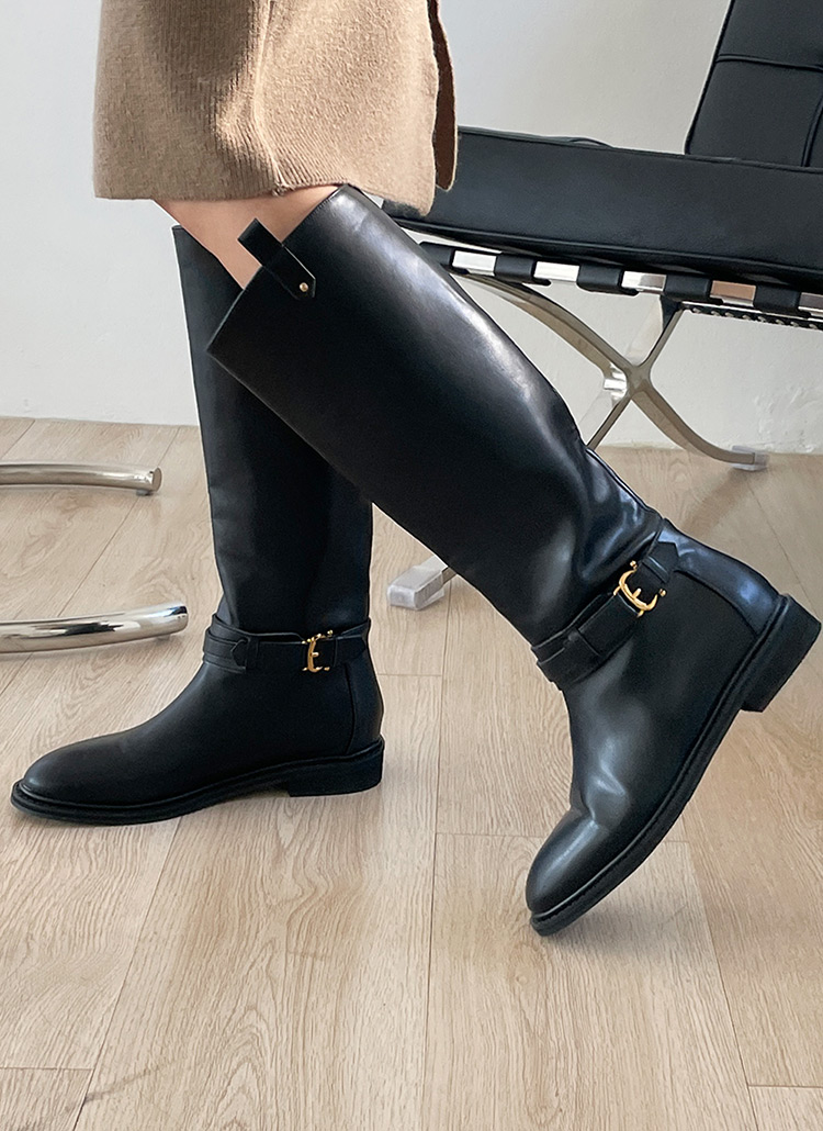 無地バックルフラットぺたんこレザー調ベルトロングブーツ秋冬 シューズ ブーツ Dholic Ladies ディーホリックレディース ファッション総合通販 Dholic