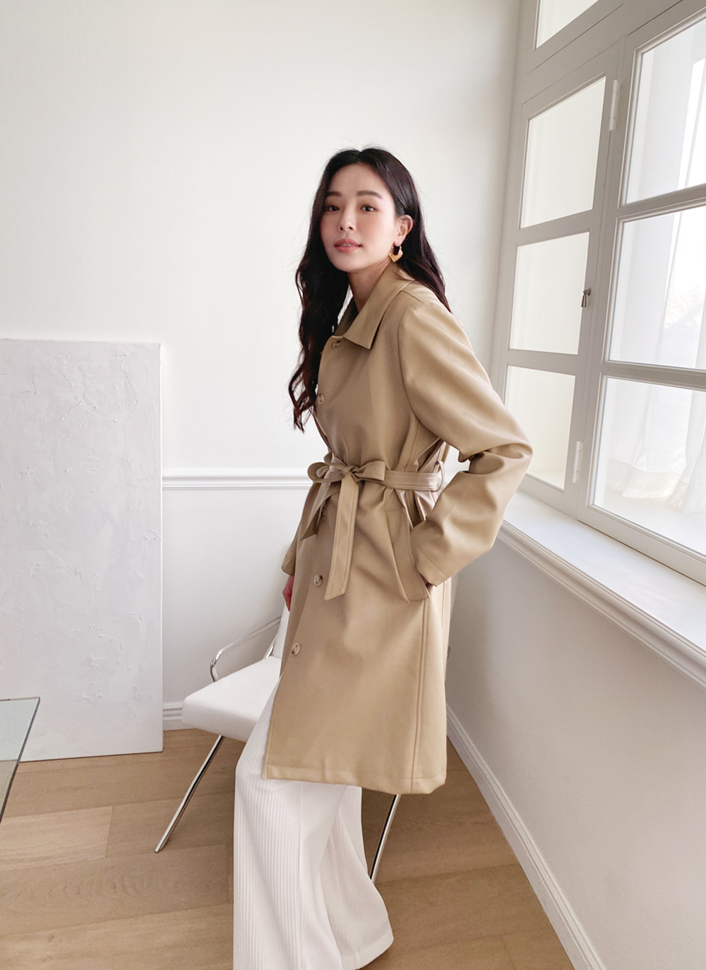 ストラップ付レザー調ロングコート・全2色 | レディースファッション