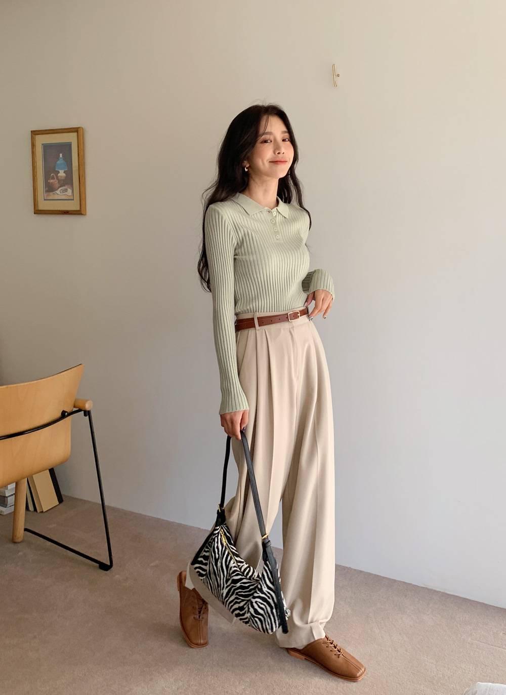 新品 ポロ リブニット キャメル ベージュ メッシュラメポロニット