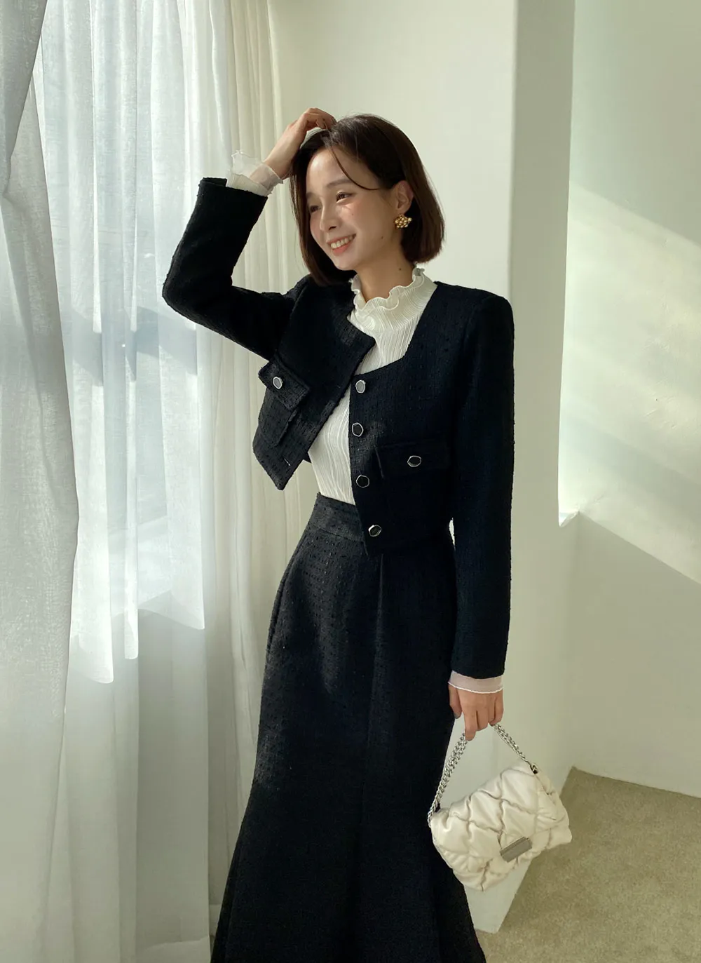 スクエアツイードジャケット&マーメイドスカートSET・全2色  