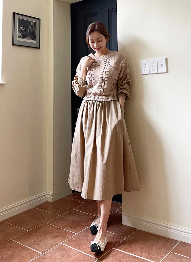 ダイヤ柄ニットドッキングフレアワンピース | レディースファッション  