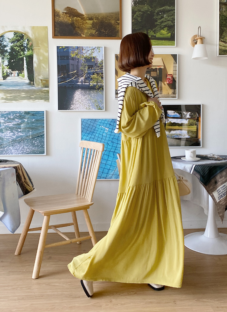 リンクルラウンドネック長袖ゴムフレアロングティアードワンピース春秋冬 ワンピース ロング Dholic Ladies ディーホリックレディース ファッション総合通販 Dholic