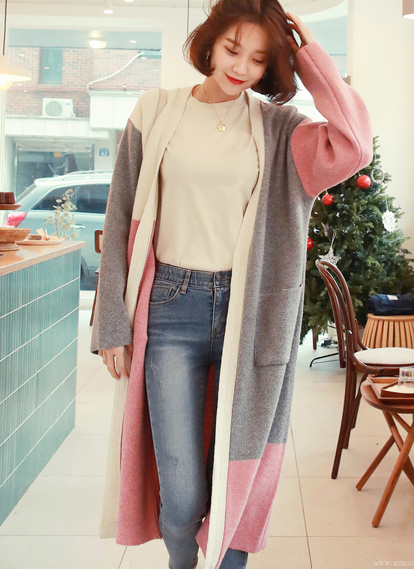 配色ボタンレスロングカーディガン レディースファッション通販 Dholic