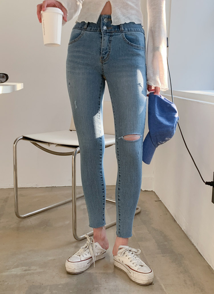 2ボタン内ゴムダメージスキニーデニムパンツ レディースファッション通販 Dholic 公式