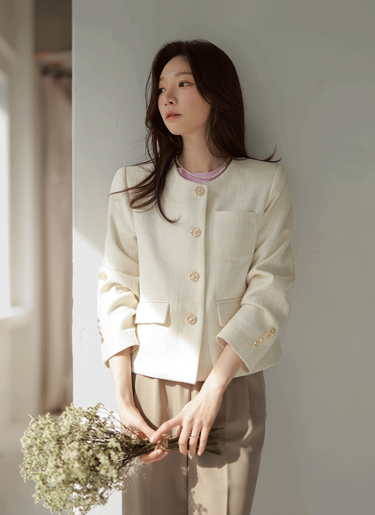 ラウンドネックツーポケットツイードノーカラージャケット春秋冬 アウター ジャケット Chichera シックヘラ ファッション総合通販 Dholic