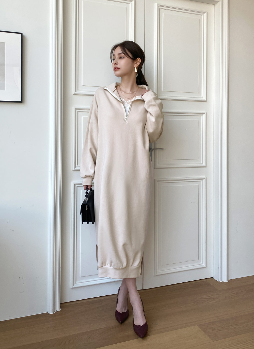 3色 スウェット ワンピース ハーフジップ スリット 長袖 秋 冬 1 ハーフジップスウェットワンピース・全4色 | レディース