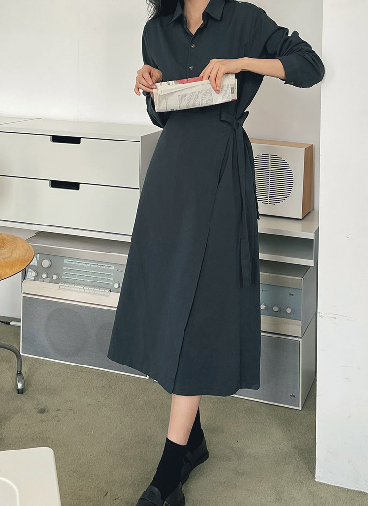 サイドリボンストラップシャツロングチャコールワンピース春秋冬 ワンピース ロングワンピース Twee トゥウィ ファッション総合通販 Dholic