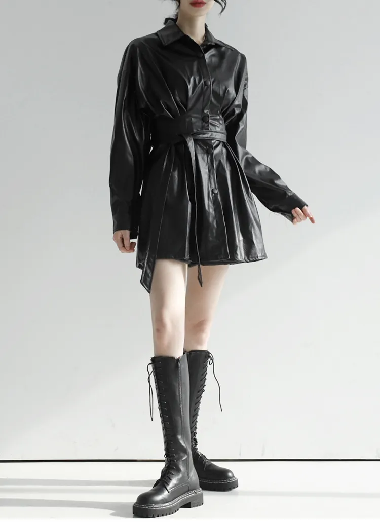 ストラップ付フェイクレザーミニワンピース | レディースファッション  