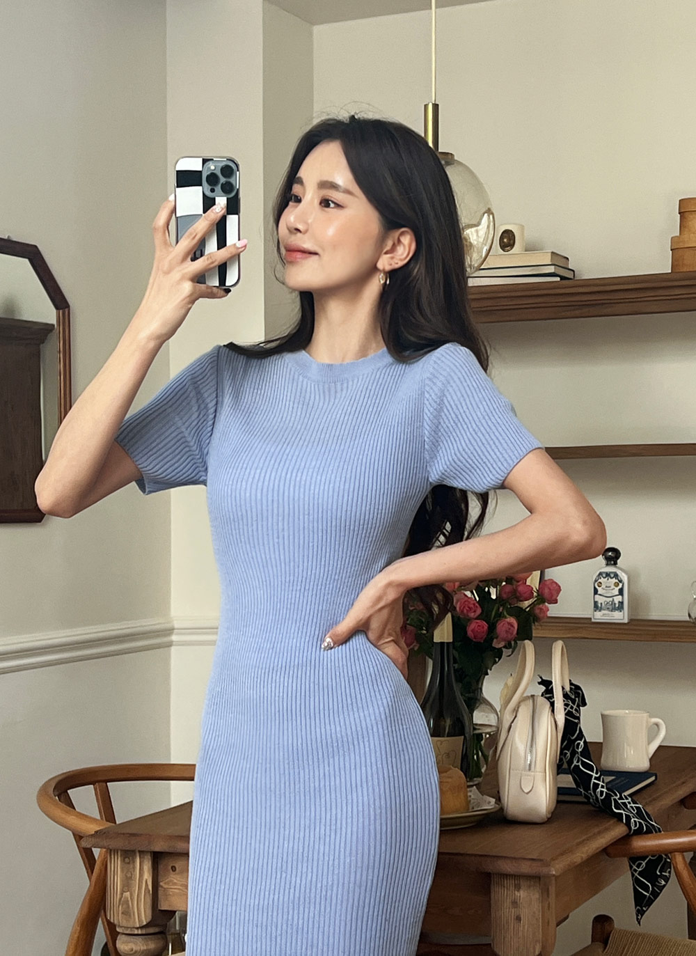 JENNE 半袖 リブニット ロングワンピース ライトブルー 半袖リブニットワンピース・全6色 | レディースファッション通販 - DHOLIC