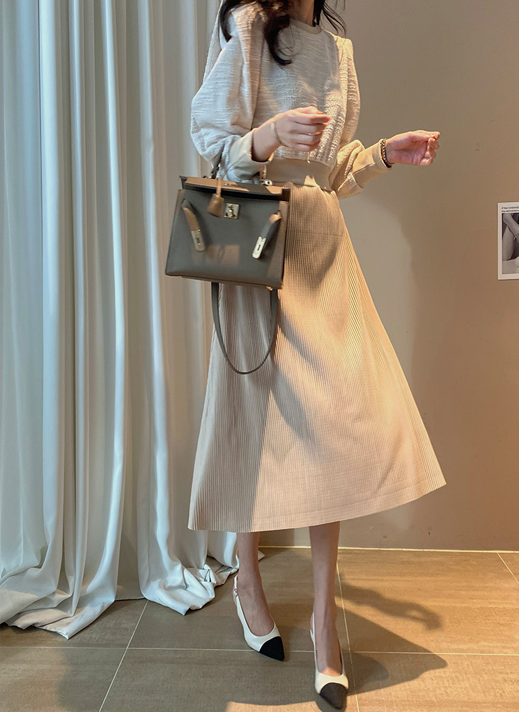 タックショルダーラウンドネック配色ツイード長袖ロングプリーツワンピース春秋冬 ワンピース ロングワンピース Monicaroom モニカルーム ファッション総合通販 Dholic