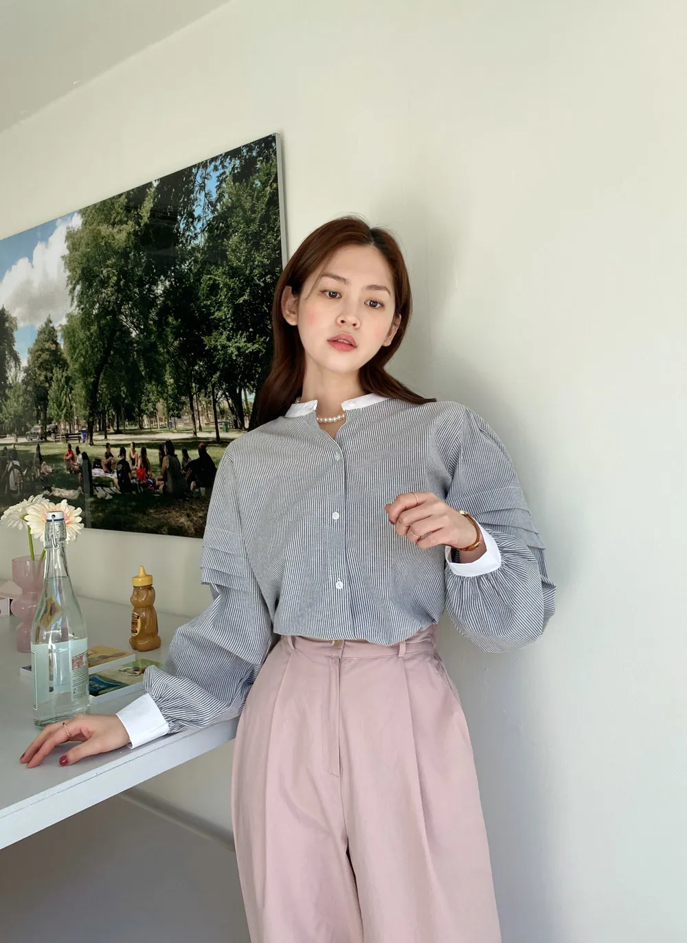 バンドカラーストライプシャツ・全2色 | レディースファッション通販  