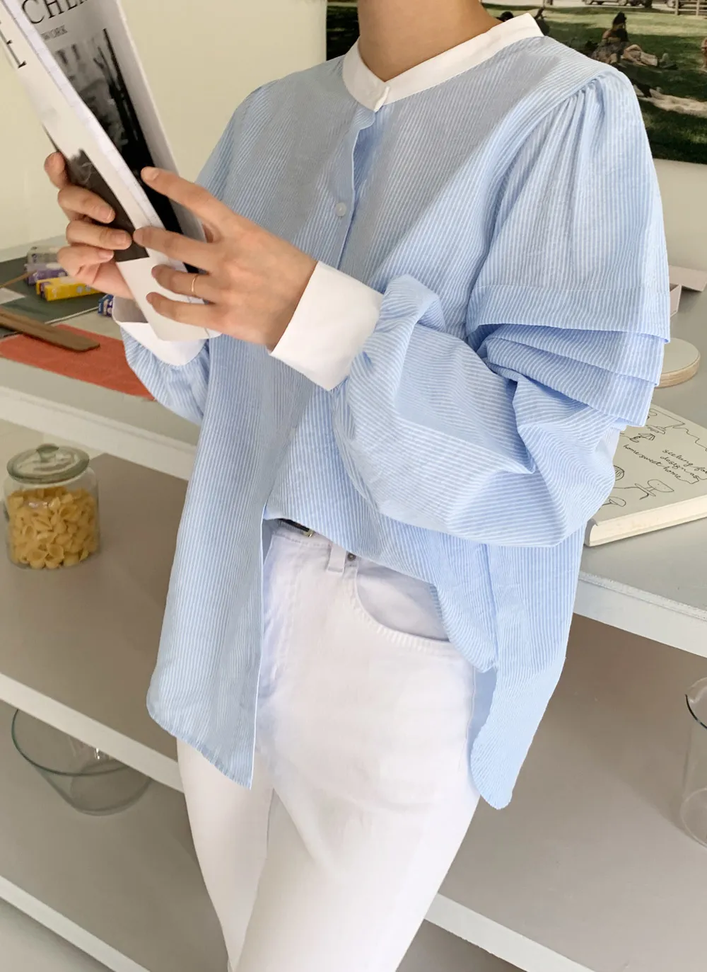 バンドカラーストライプシャツ・全2色 | レディースファッション通販  