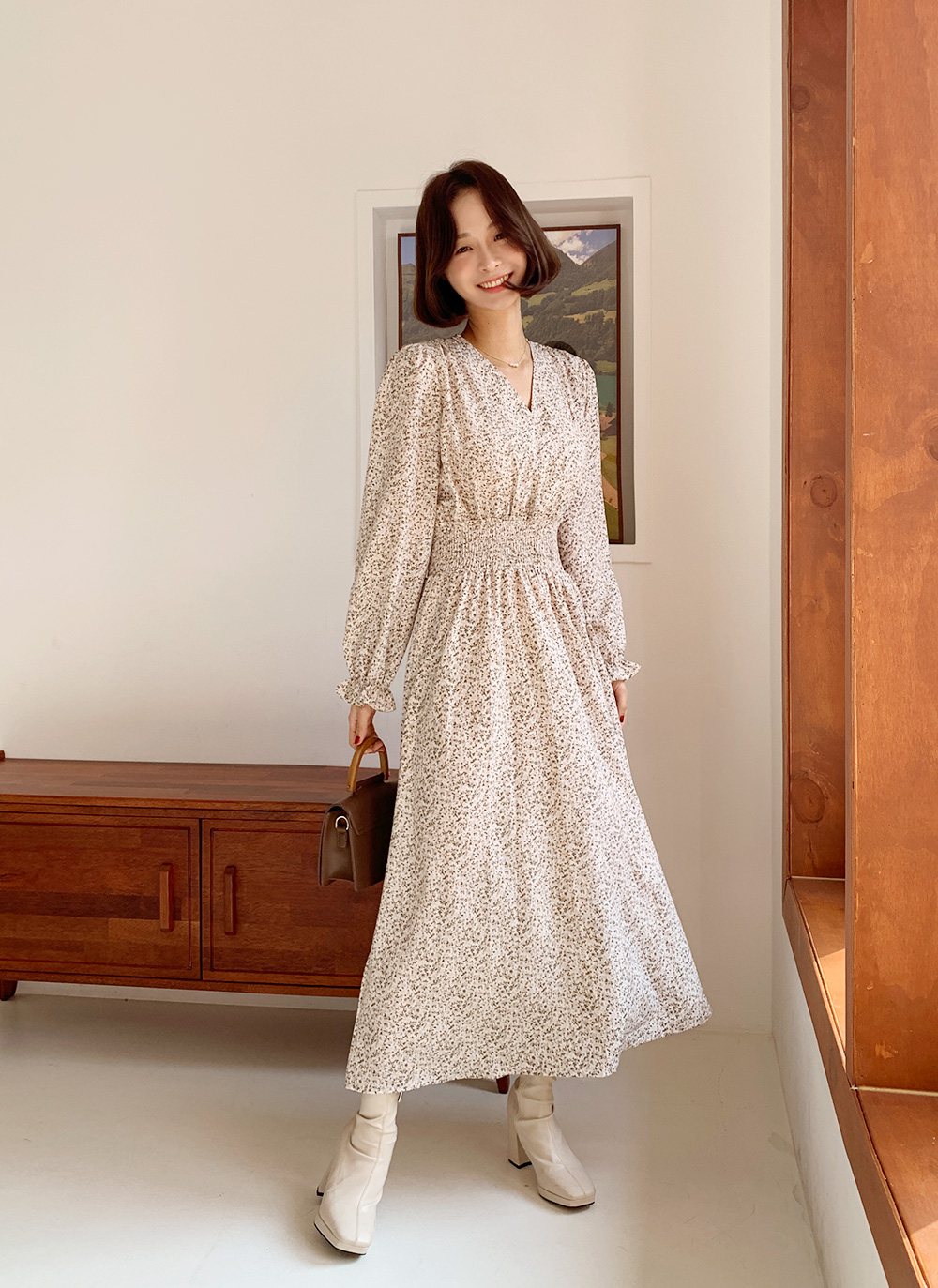 シャーリングカシュクール小花柄ワンピース・全2色 | レディース