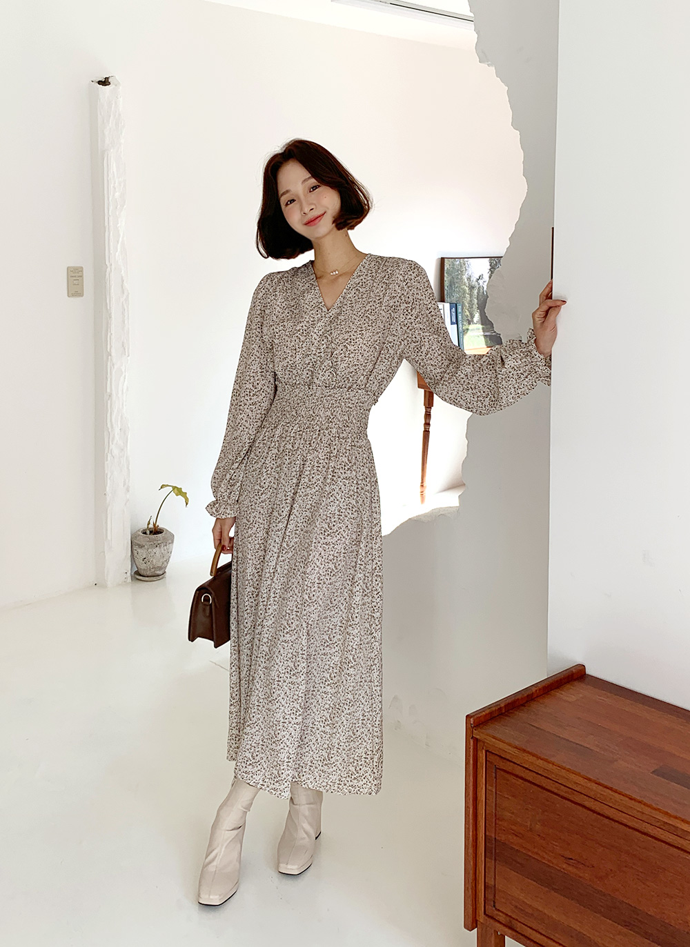 シャーリングカシュクール小花柄ワンピース・全2色 | レディース