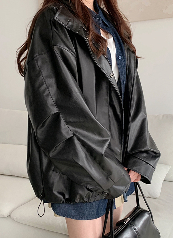 レザー調ハイネックジャンパー レディースファッション通販 DHOLIC フェイクレザージャケット 66girls