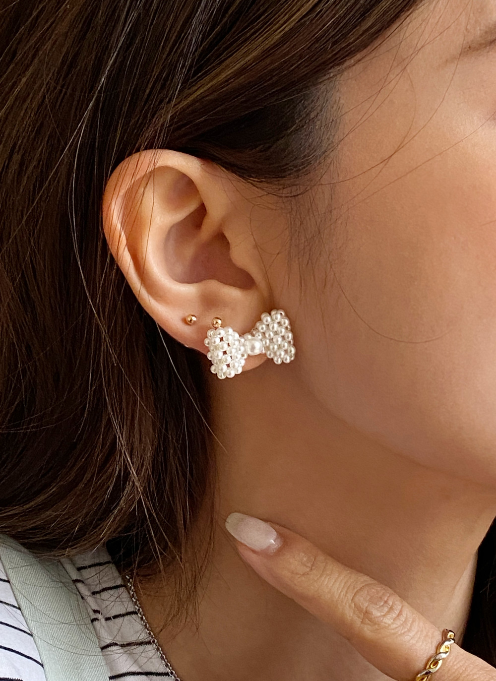 爆売り！ No540 ミニリボン×パール☆華奢 ピアス ピアス