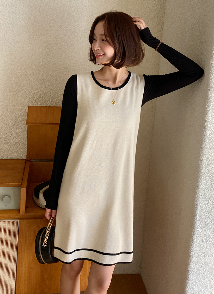 配色コントラストカラーラインラウンドネックノースリーブスリーブレスミニニットワンピース春秋冬 ワンピース ショート Dholic Ladies ディーホリックレディース ファッション総合通販 Dholic