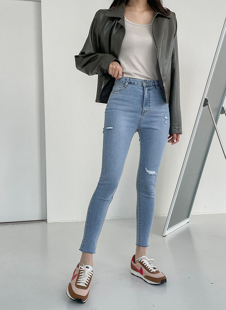 カットヘムダメージスキニーデニムパンツ P ジーンズ スキニー レディースファッション通販 Dholic ディーホリック