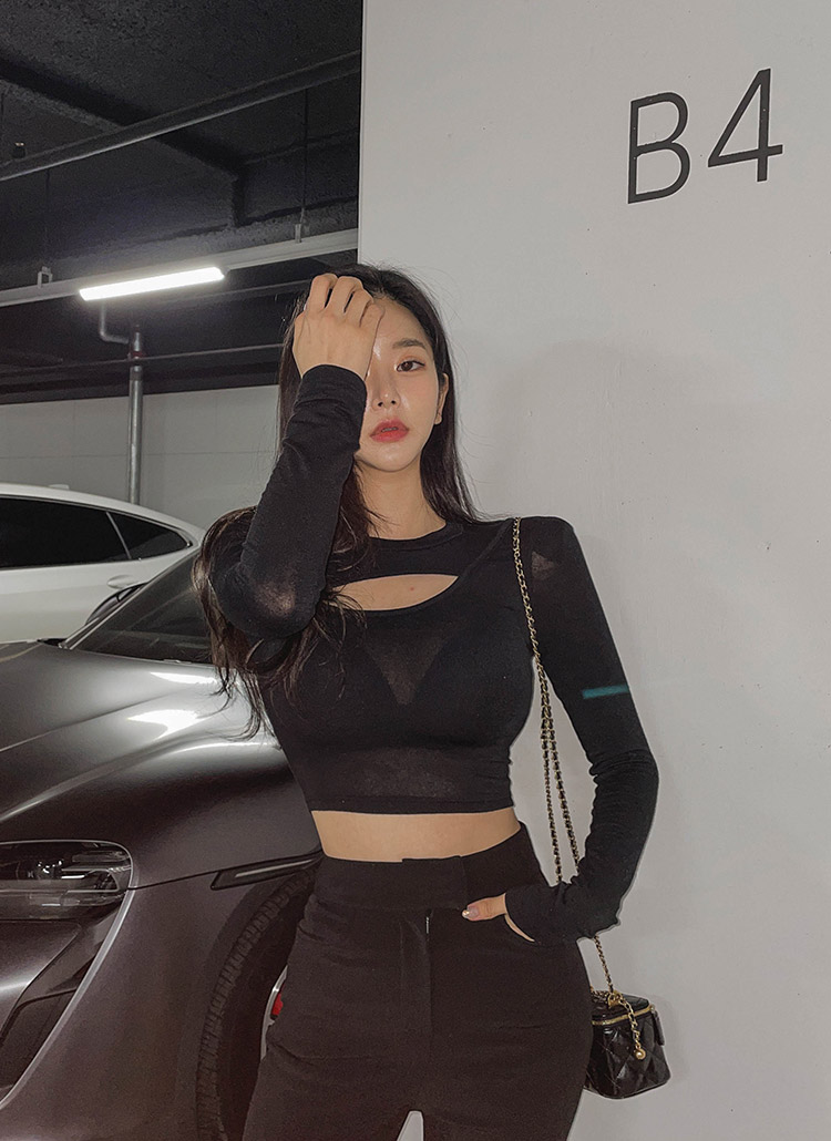 クロップ丈カットアウトスリムtシャツショート丈シアー無地ベーシック春秋冬 トップス 長袖tシャツ Maybins メイビンス ファッション総合通販 Dholic