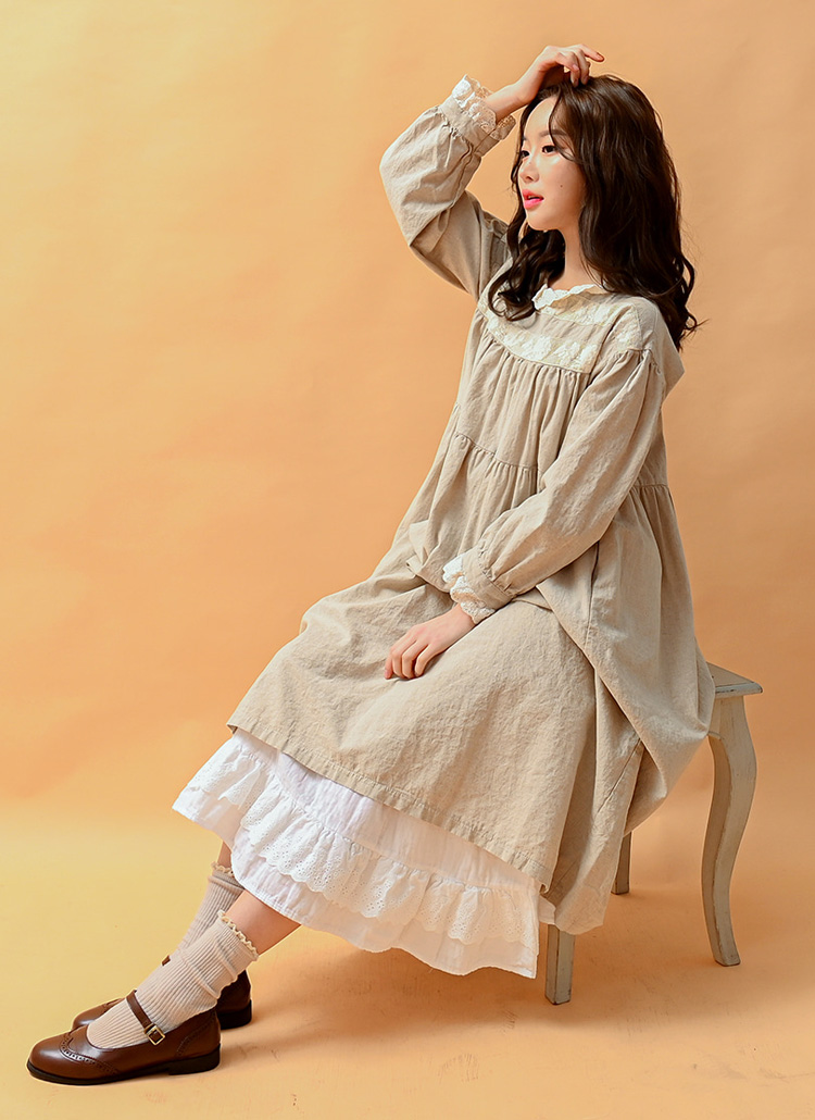 パターンレース配色リネン混ワンピース | レディースファッション通販