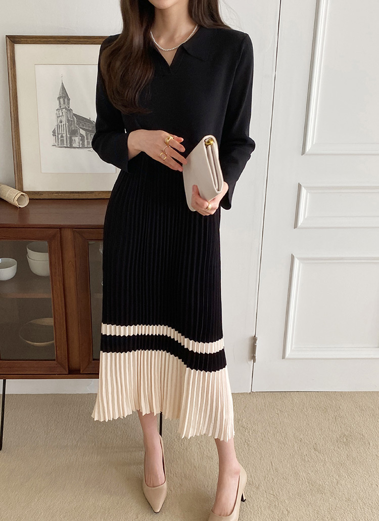 オープンカラー配色ニットプリーツワンピース 全2色 レディースファッション通販 Dholic