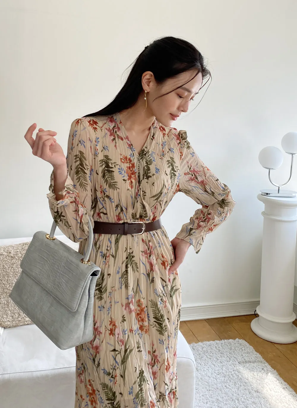 ベルト付リンクル花柄ワンピース・全2色 | レディースファッション通販 