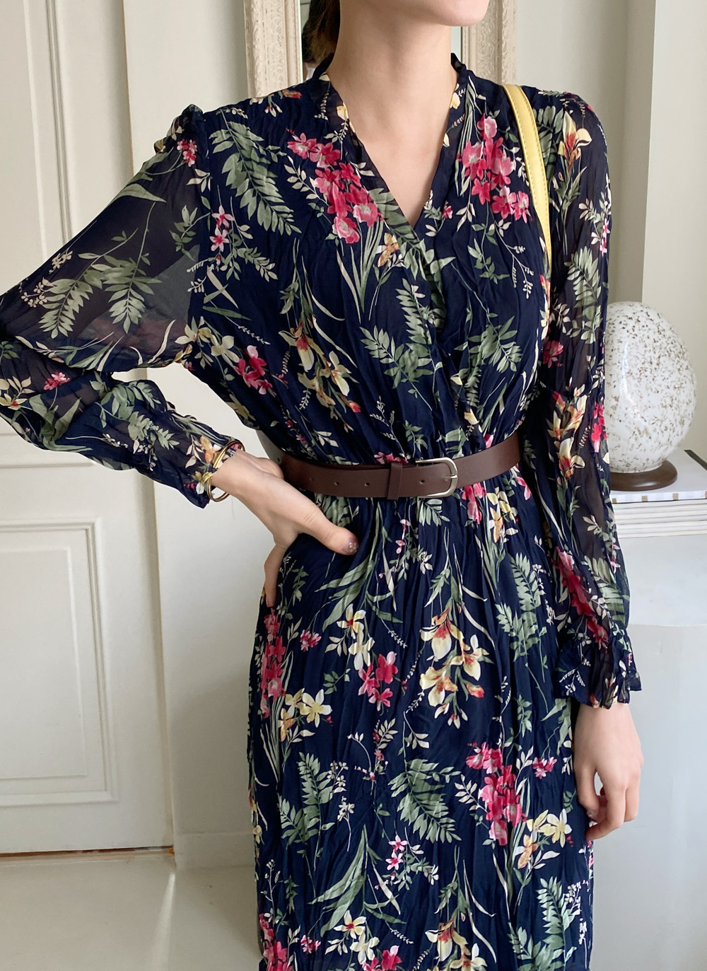 リンクルワンピース ベルト付リンクル花柄ワンピース・全2色 | レディース