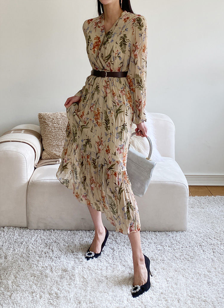 ベルト付リンクル花柄ワンピース 全2色 1924 ワンピース ロング レディースファッション通販 Dholic ディーホリック