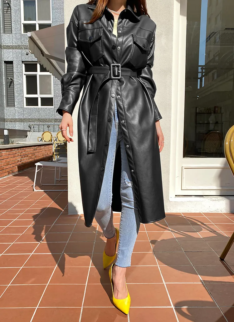 ベルト付フェイクレザーコート | レディースファッション通販 - DHOLIC 