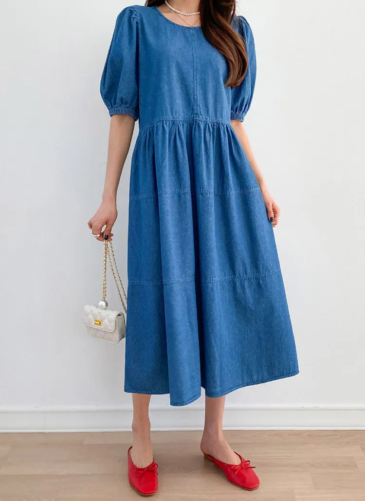 パフスリーブデニムロングワンピース | レディースファッション通販  