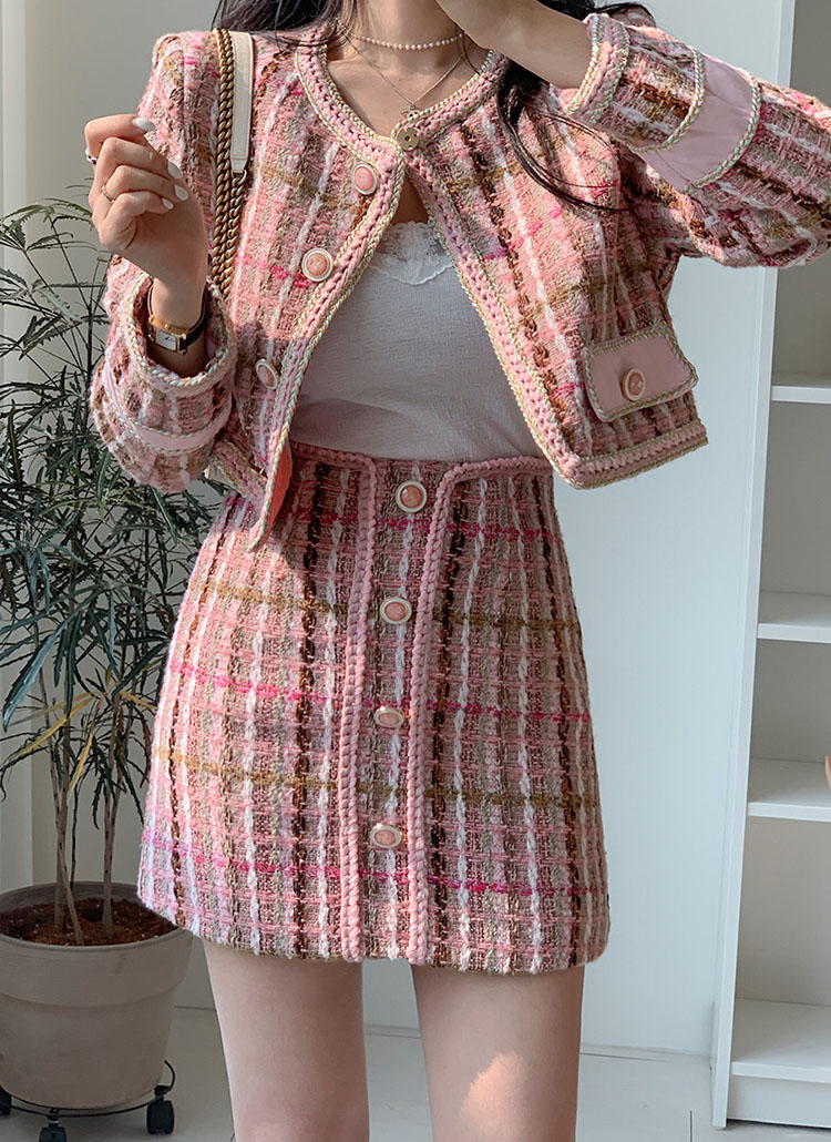 フェイクボタンピンクツイードスカート | レディースファッション通販