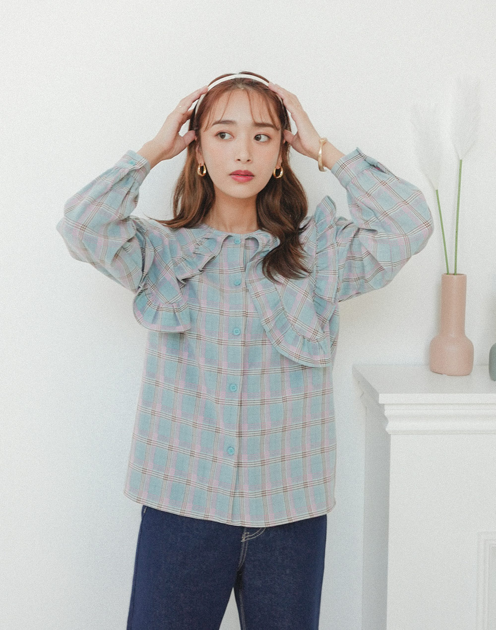 frill collar checked blouse | 詳細画像5