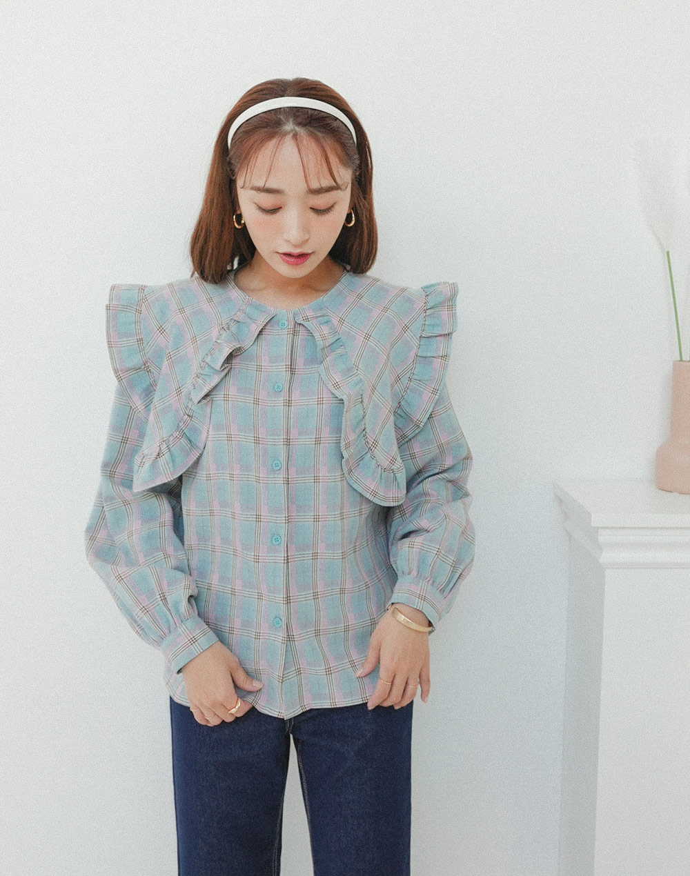 frill collar checked blouse | 詳細画像7