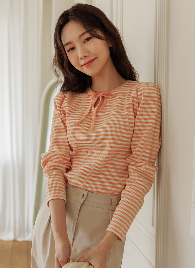 バッグリボン✳︎ボーダーTシャツ リボンネックボーダーTシャツ | レディースファッション通販