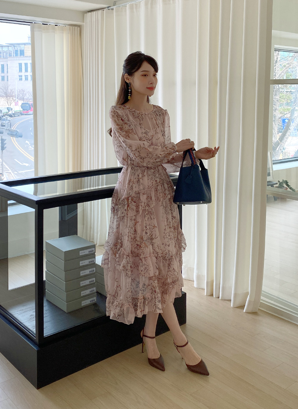 ストラップ&花柄キャミワンピ付シフォンワンピース・全2色
