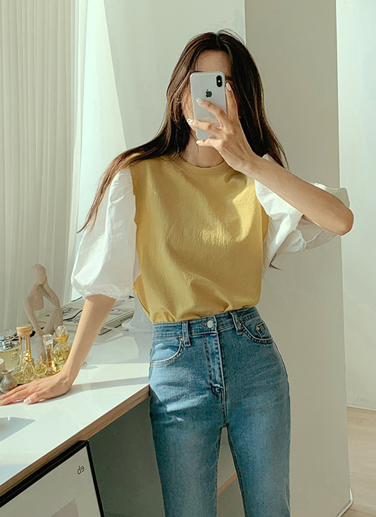 コントラストパフスリーブTシャツ・全5色 | レディースファッション