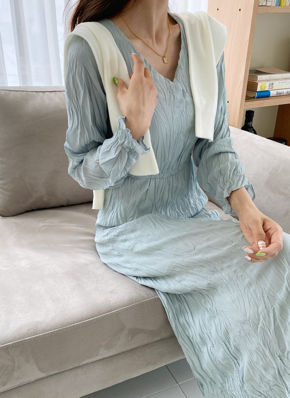 リンクルVネックロングワンピース・全4色 | レディースファッション