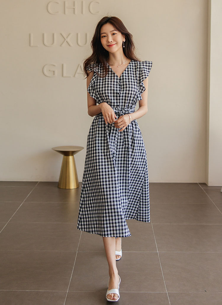 ノースリーブvネックフロントボタンギンガムストラップ付フリルスリーブチェックワンピース春夏秋 ワンピース ロング Shehj シーヒジェ ファッション総合通販 Dholic