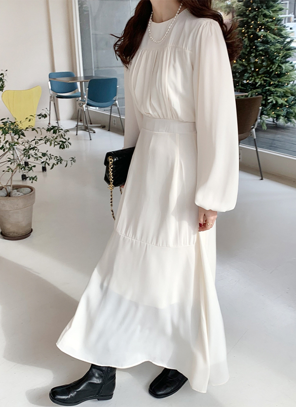 ラウンドネックしわ寄せシャーリングバックファスナーギャザーポイントワンピース春夏秋冬 ワンピース ロングワンピース 66girls 66ガールズ ファッション総合通販 Dholic