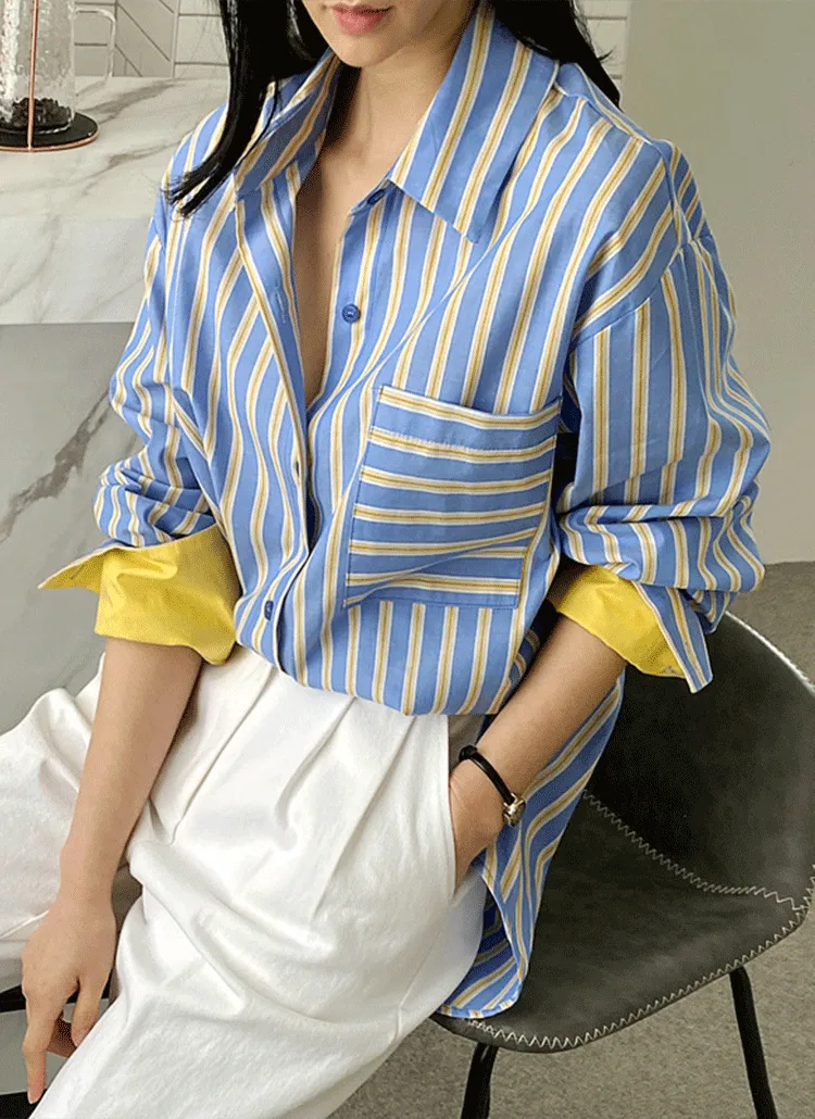配色カフスストライプシャツ | レディースファッション通販 - DHOLIC
