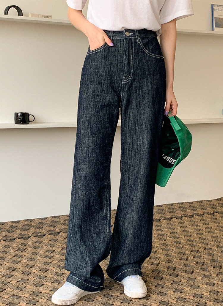 ホワイトステッチロングワイドデニムパンツ | レディースファッション