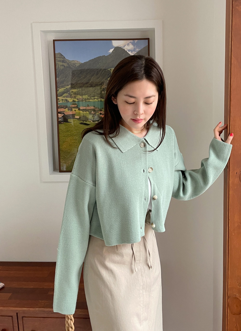 リネンクロップド長袖ニットカーディガン-4color | ファッション