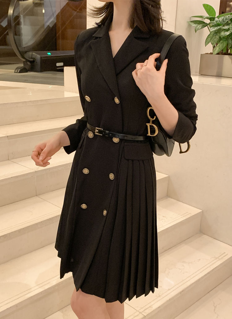 スリムレザー調ベルト付つきセットsetサイドプリーツダブルボタンコート風ワンピースお呼ばれ結婚式パーティーコーデ春秋冬 ワンピース ミディ Rozley ローズリー ファッション総合通販 Dholic